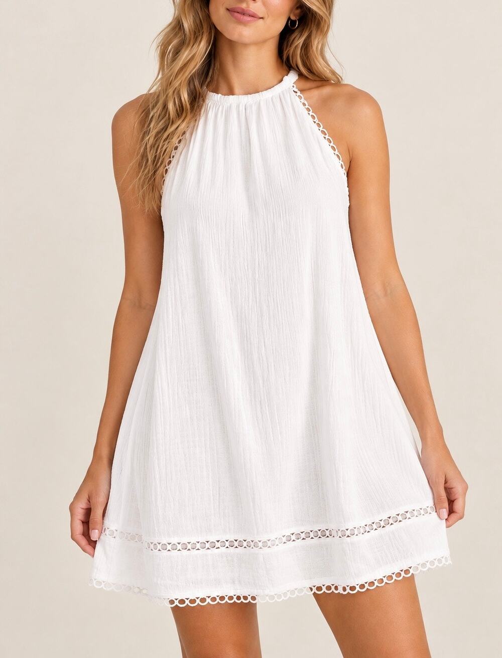 La Blanca White High Neck Crochet Trim Crinkle Dress Size Small